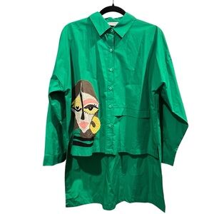 Unfashional Japanese Designer Green Button Front Abstract Face Art Oversized